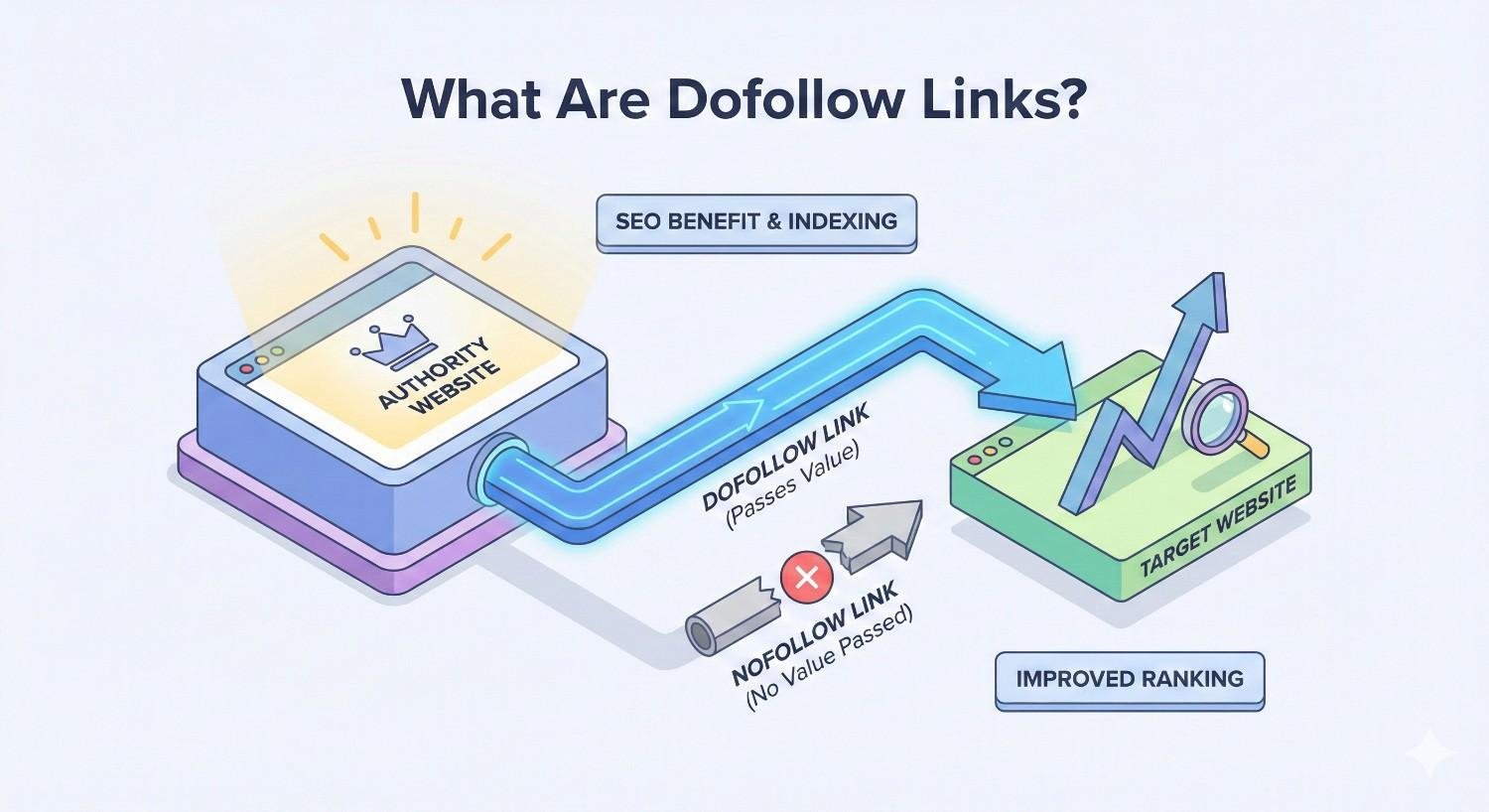 Illustration titled “What Are Dofollow Links?” showing an authority website passing SEO value through a dofollow link to a target website, boosting ranking and indexing. A nofollow link is shown blocked with no value passed, highlighting the difference in SEO impact.