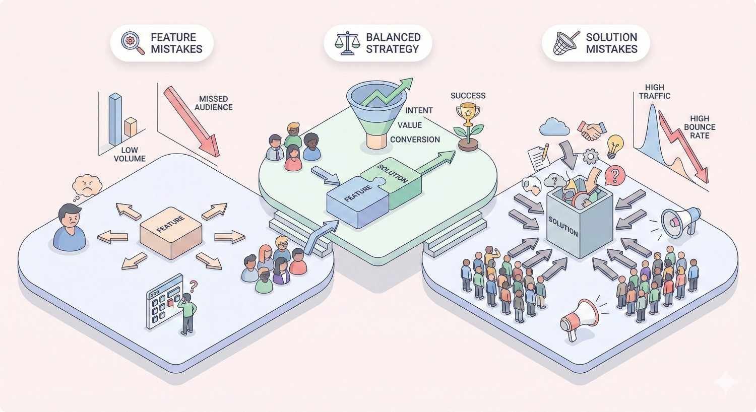 An isometric illustration comparing feature keyword mistakes, solution keyword mistakes, and a balanced strategy. It shows low volume and missed audiences on one side, high traffic with poor conversion on the other, and a balanced funnel in the center driving intent, value, and successful conversions.
