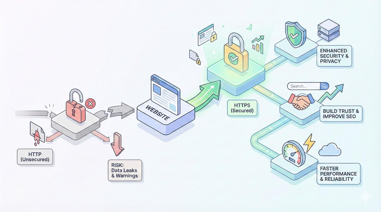 Infographic comparing HTTP and HTTPS. An unsecured HTTP site shows data leak risks and warnings, while a secure HTTPS website leads to enhanced security and privacy, faster performance, improved reliability, and increased trust that boosts SEO rankings.