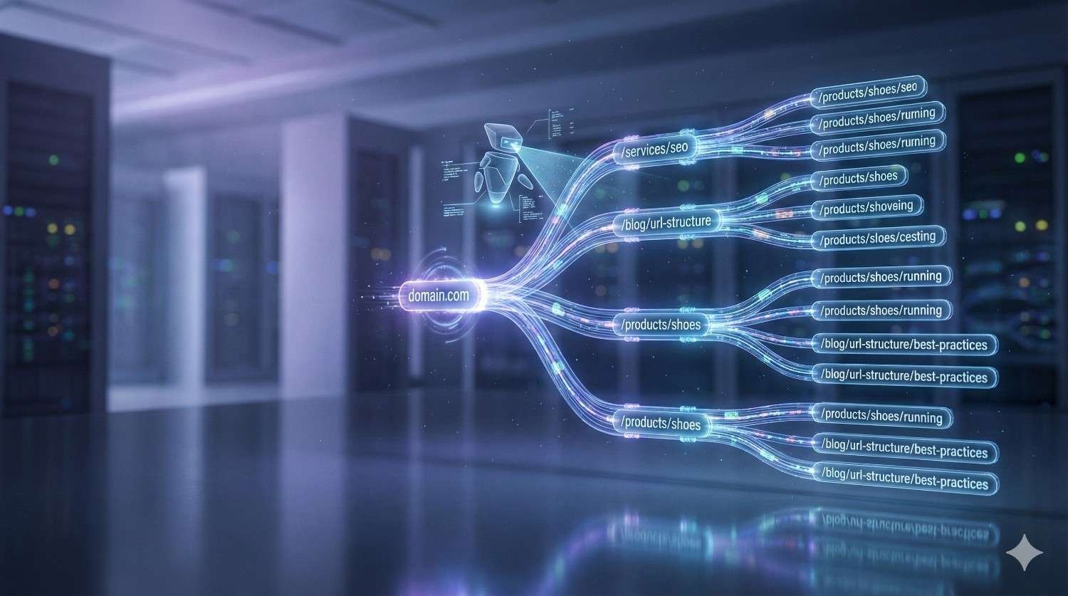 A futuristic visualization in a server room shows glowing data streams branching from “domain.com” into structured URLs like product and blog pages, illustrating website architecture, SEO site mapping, and optimized URL hierarchy with holographic lines and labels floating in midair.