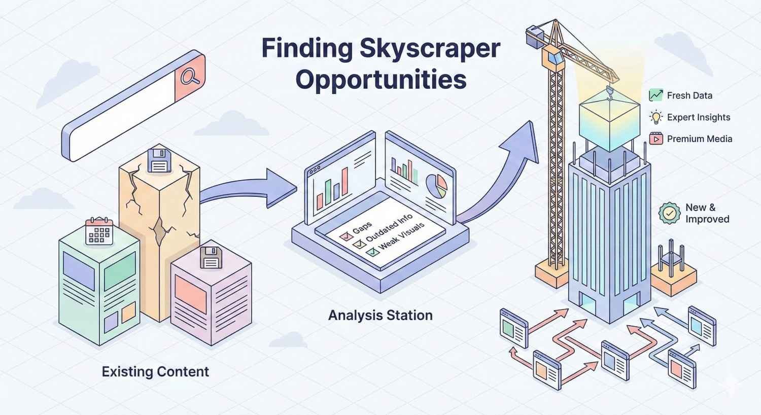 Infographic titled “Finding Skyscraper Opportunities” showing existing content analyzed on a laptop for gaps and weak visuals, then improved with fresh data, expert insights, and premium media. A crane builds a taller skyscraper, symbolizing new, improved content distributed across multiple websites.