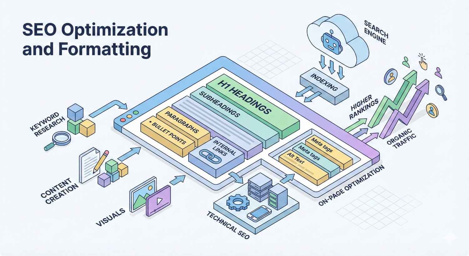 Diagram titled “SEO Optimization and Formatting” showing keyword research, content creation, visuals, H1 headings, subheadings, paragraphs, bullet points, internal links, meta tags, technical SEO, indexing by search engines, and resulting higher rankings and organic traffic growth.