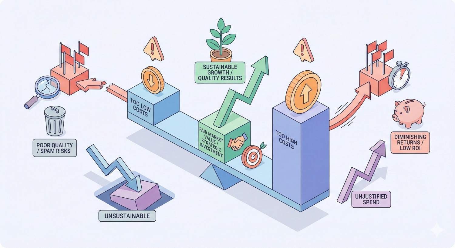 Illustration showing a balance scale comparing link building costs. Too low costs lead to poor quality and spam risks, while too high costs cause diminishing returns and unjustified spend. The middle “fair market value” highlights sustainable growth and quality results with steady upward performance.