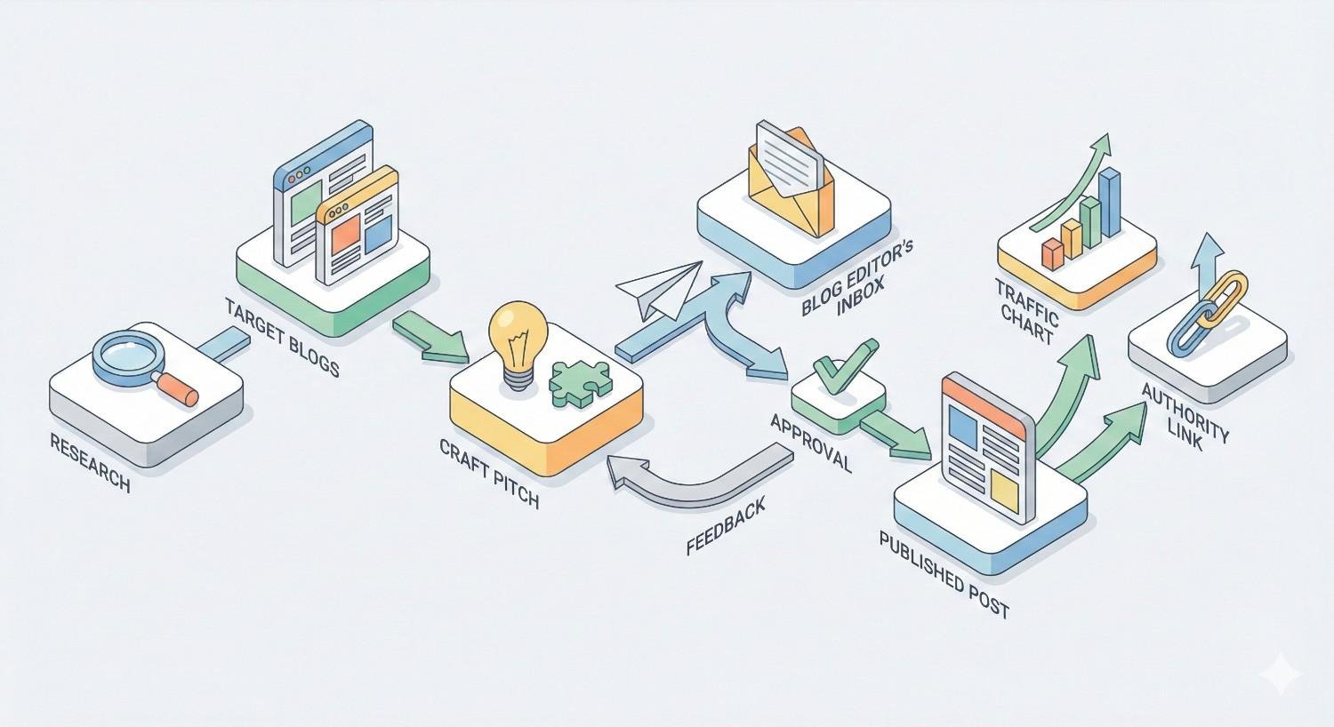 Infographic showing guest blogging workflow: research target blogs, craft a pitch, send to editor’s inbox, receive feedback and approval, publish the post, and gain traffic growth and authority links, illustrated with arrows connecting each step.