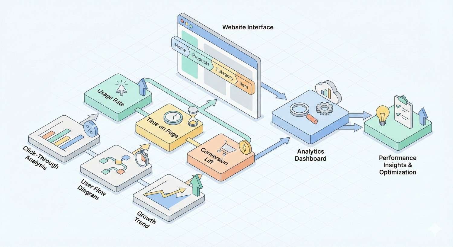 Illustration of website analytics workflow showing interface navigation (Home, Products, Category, Item) feeding into metrics like usage rate, time on page, conversion lift, click-through analysis, user flow, and growth trends. Data flows to an analytics dashboard for performance insights and optimization.