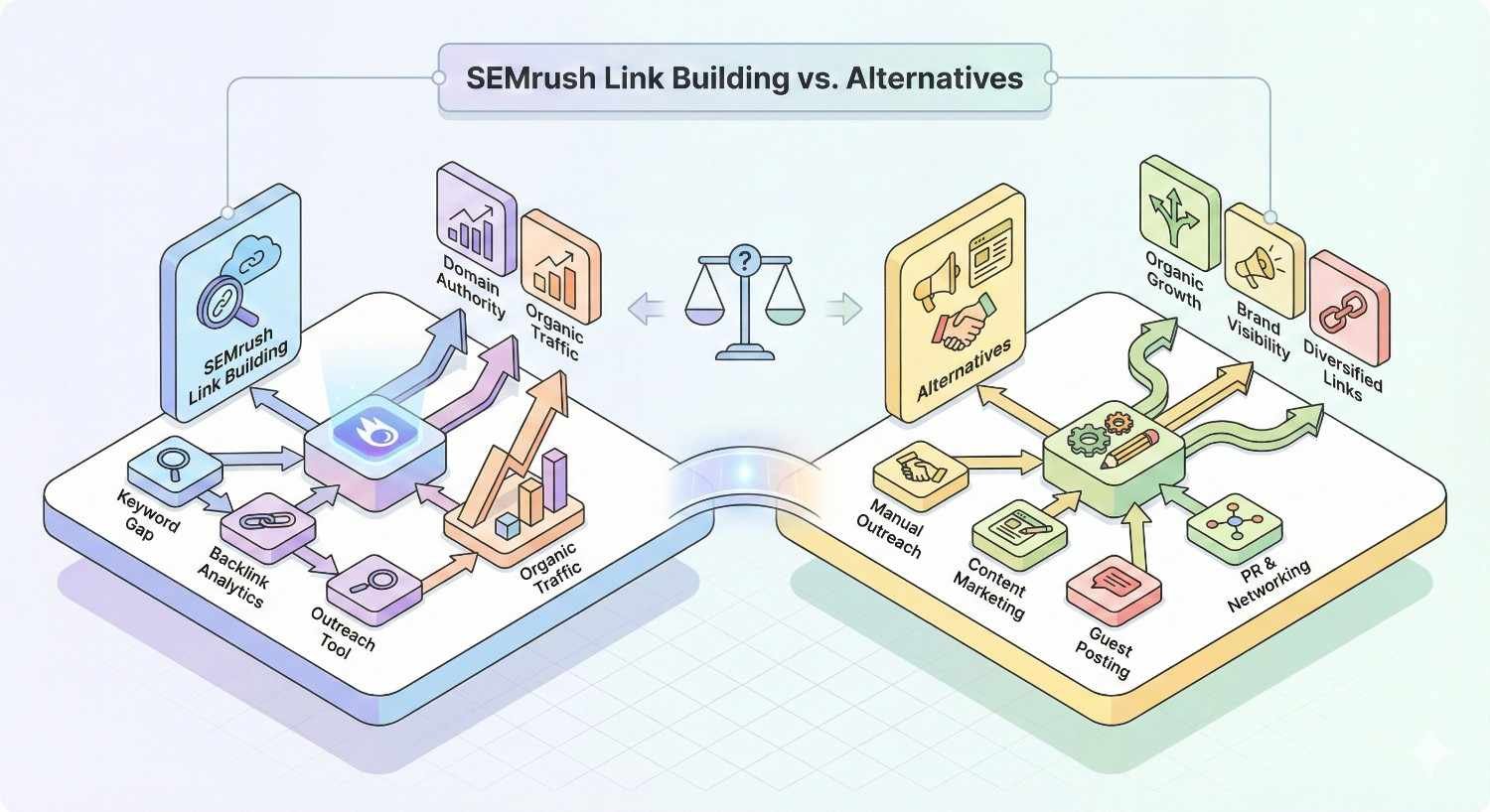 A split infographic compares SEMrush link building tools with alternative methods, showing keyword gap analysis, backlink analytics, outreach, and organic traffic versus manual outreach, guest posting, PR, and networking, all aiming for domain authority, visibility, diversified links, and growth.