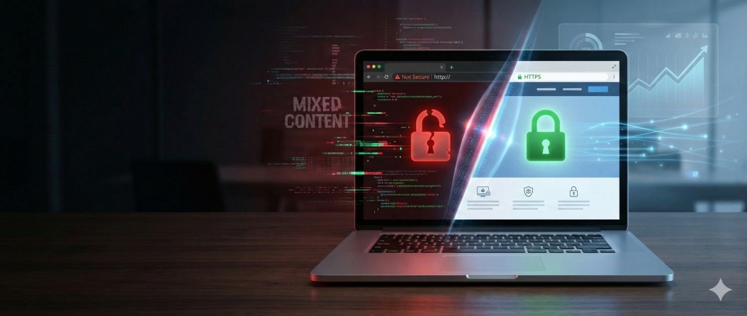 Laptop on a desk displaying a split screen: left shows “Not Secure” HTTP with a red unlocked padlock and mixed content warnings; right shows HTTPS with a green locked padlock and security icons. Visual contrast highlights the difference between insecure and secure website connections.