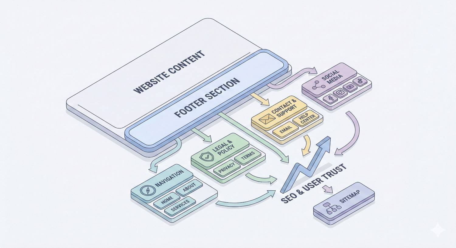 Infographic illustrating a website footer structure. It shows navigation links, legal policies (privacy, terms), contact and support, social media, and sitemap connected to the footer section. Arrows indicate how organized footer content improves SEO and builds user trust.