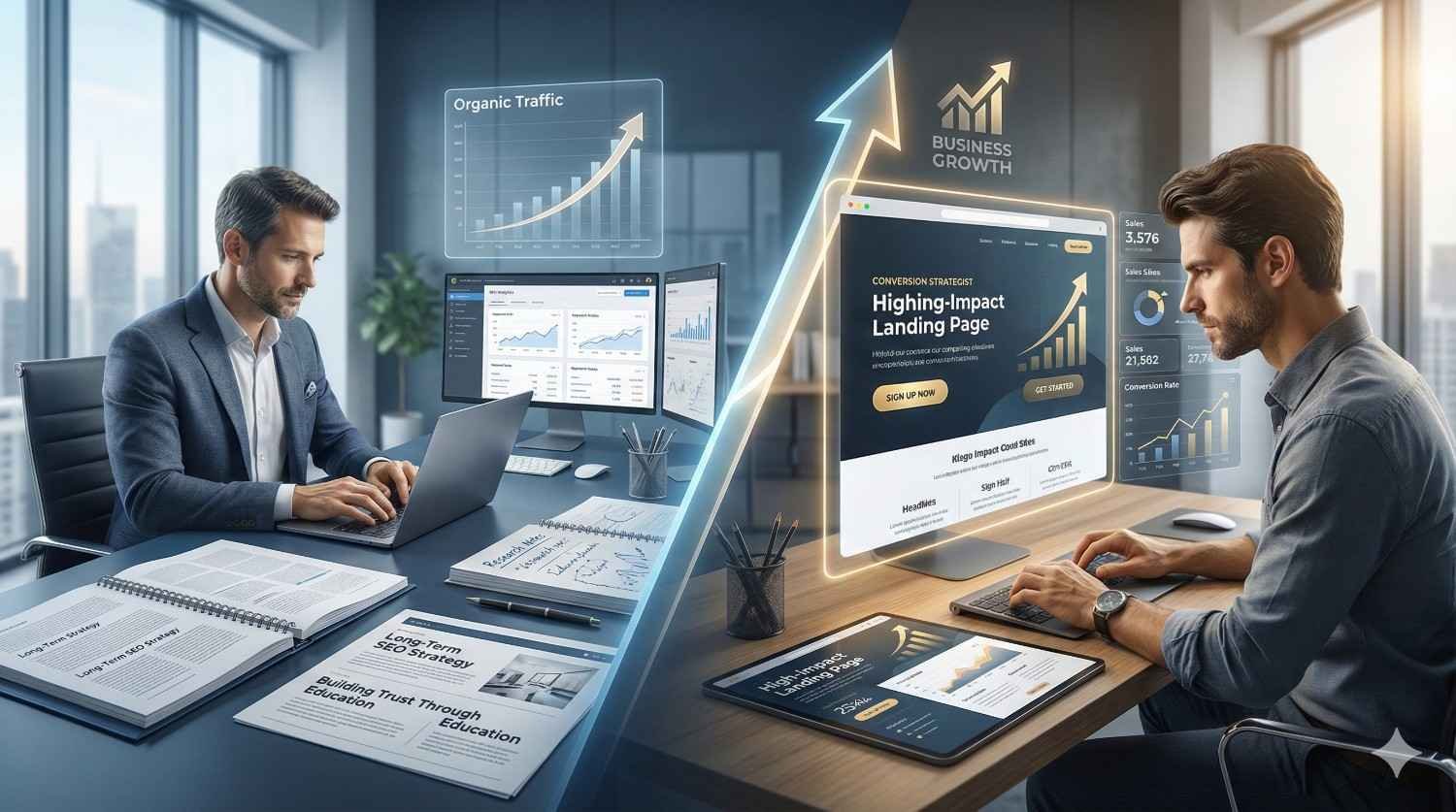 Split-screen office scene showing two professionals working on laptops, with floating analytics dashboards, organic traffic charts, landing page metrics, and glowing upward arrows symbolizing business growth, SEO performance, and conversion optimization in a modern corporate workspace.