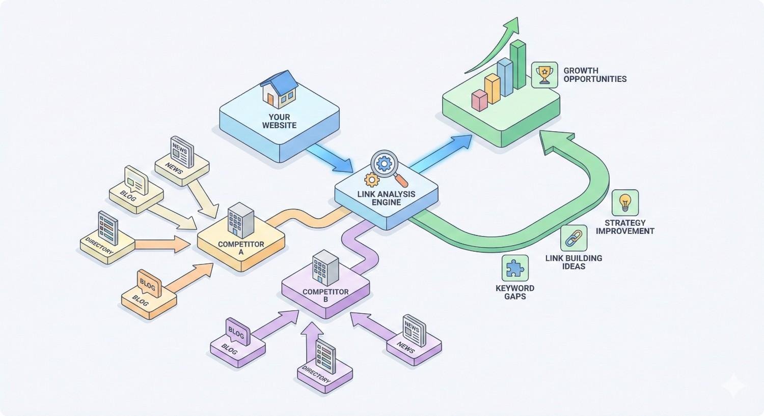 Diagram illustrating a link analysis engine connecting your website with competitors and backlink sources like blogs, news, and directories. Arrows show data flow leading to insights such as keyword gaps, link-building ideas, strategy improvement, and growth opportunities, presented in a clean, colorful infographic style.