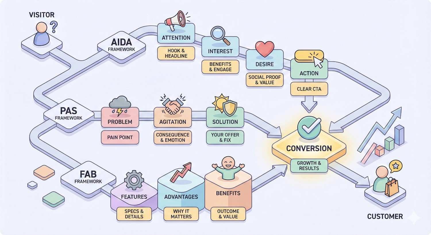 An illustrated marketing diagram maps visitors through AIDA, PAS, and FAB copywriting frameworks, showing stages from attention and interest to desire, action, and conversion, plus problem–solution flows, features-to-benefits paths, and outcomes like growth, results, and satisfied customers.