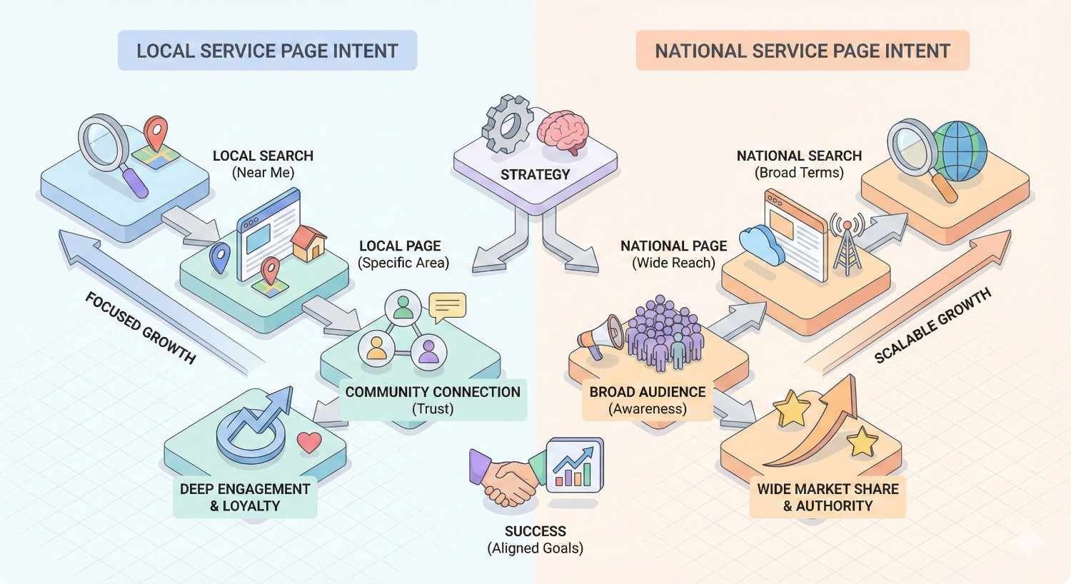 A split infographic compares local and national service page intent, showing local search, community trust, and focused growth versus national strategy, broad keywords, scalable reach, large audiences, and wide market authority leading to aligned business success.
