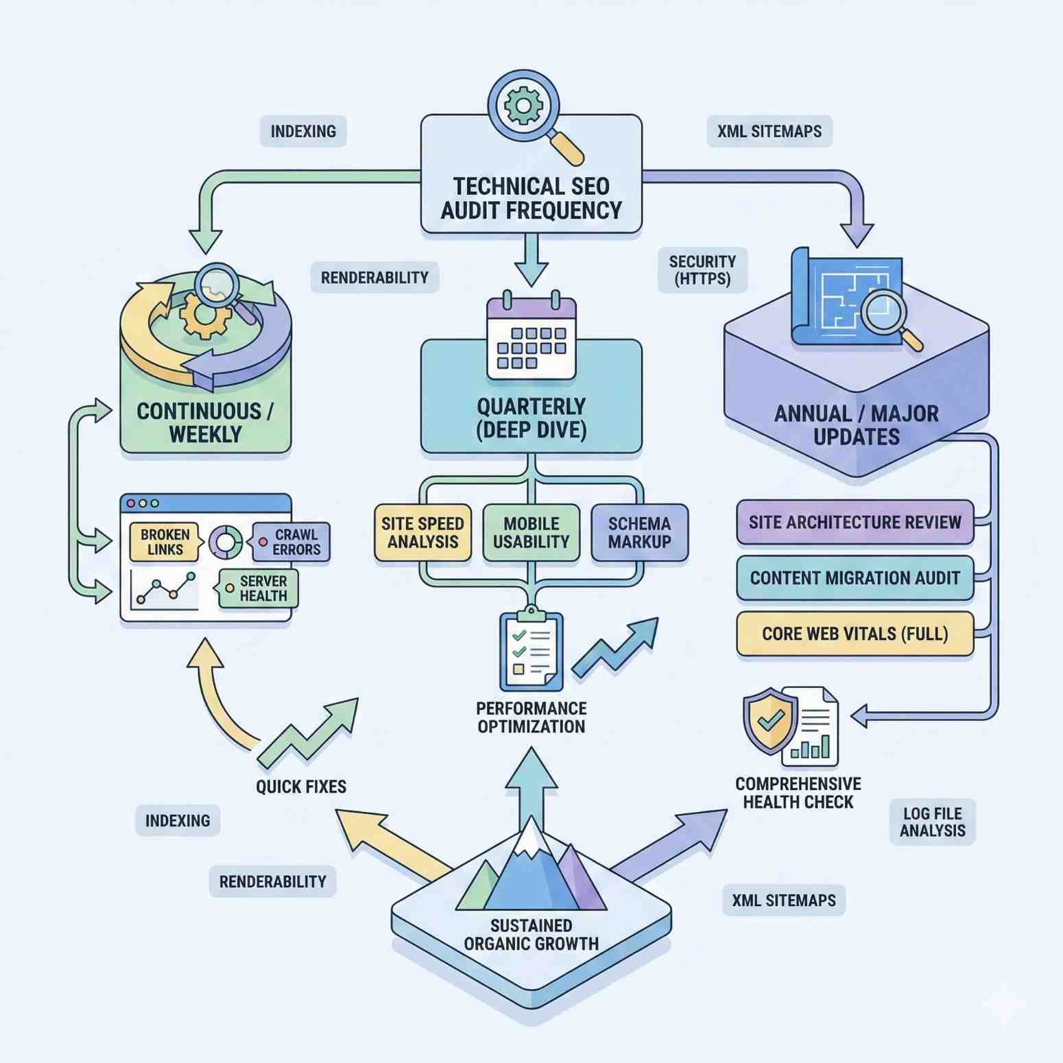 Diagram showing technical SEO audit frequency with continuous or weekly checks for indexing and crawl errors, quarterly deep-dive audits for site speed, mobile usability, and schema, and annual major reviews for architecture, migrations, Core Web Vitals, and security, all supporting performance optimization and sustained organic growth.