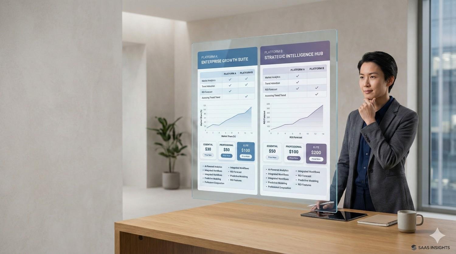 A professional woman stands at a modern desk, interacting with a transparent holographic display showing SaaS pricing plans, analytics charts, and growth metrics. The minimalist office setting and digital dashboard convey enterprise software strategy, data-driven decision-making, and business intelligence insights.