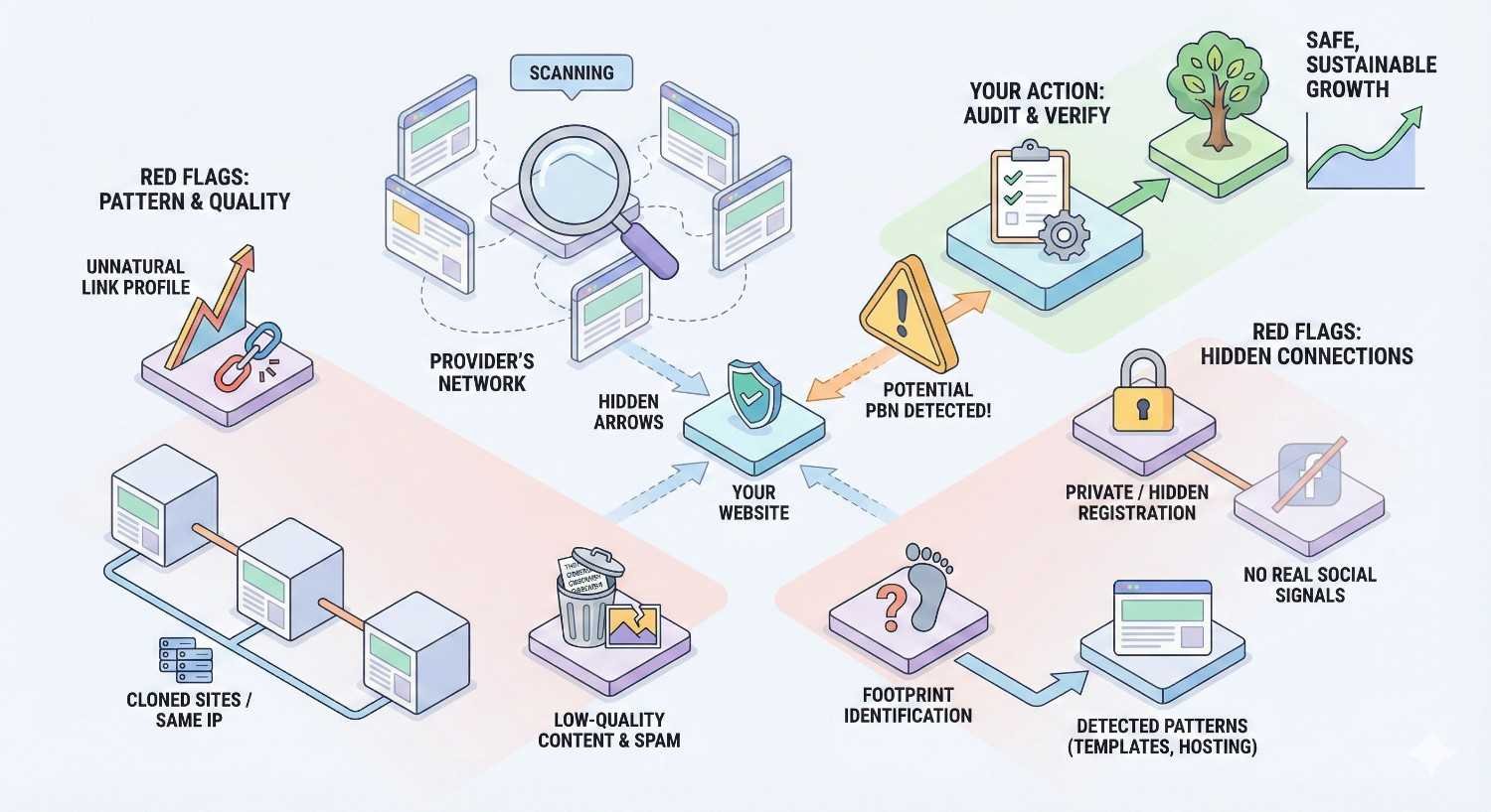 Infographic showing how PBNs are detected: scanning provider networks for hidden links, cloned sites, low-quality content, shared IPs, and footprint patterns, triggering red flags and potential PBN warnings, while recommending auditing and verification for safe, sustainable website growth.
