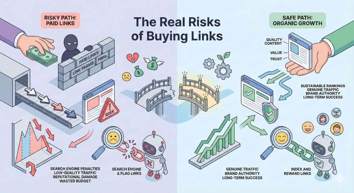 Infographic titled “The Real Risks of Buying Links,” contrasting a risky paid-links path with penalties, traffic loss, and damage versus a safe organic growth path built on quality content, trust, sustainable rankings, genuine traffic, and long-term success.
