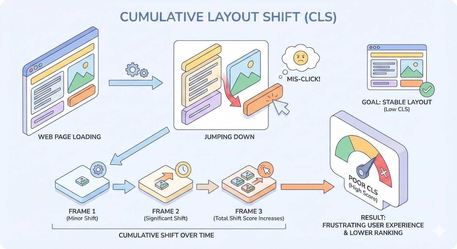 Infographic titled “Cumulative Layout Shift (CLS)” showing webpage elements jumping during loading, causing mis-clicks and increasing shift score over frames. Highlights poor CLS leading to frustrating user experience and lower ranking, with goal of stable layout and low CLS score.