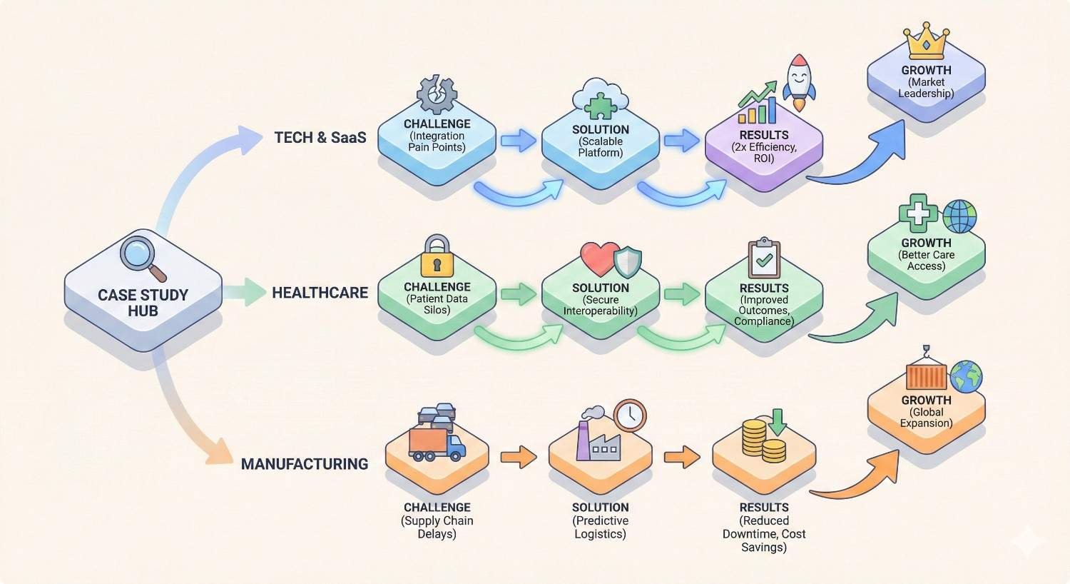 An infographic shows a “Case Study Hub” branching into Tech & SaaS, Healthcare, and Manufacturing, each flowing from challenge to solution to results and growth, highlighting examples like integration issues, patient data silos, supply chain delays, scalable platforms, secure systems, predictive logistics, ROI, compliance, and expansion.