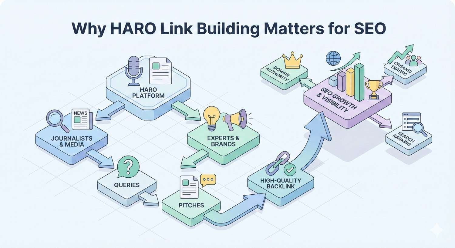 Infographic titled “Why HARO Link Building Matters for SEO.” It shows journalists submitting queries through the HARO platform, experts sending pitches, and earning high-quality backlinks. Arrows lead to domain authority, SEO growth, improved rankings, and increased organic traffic and visibility.