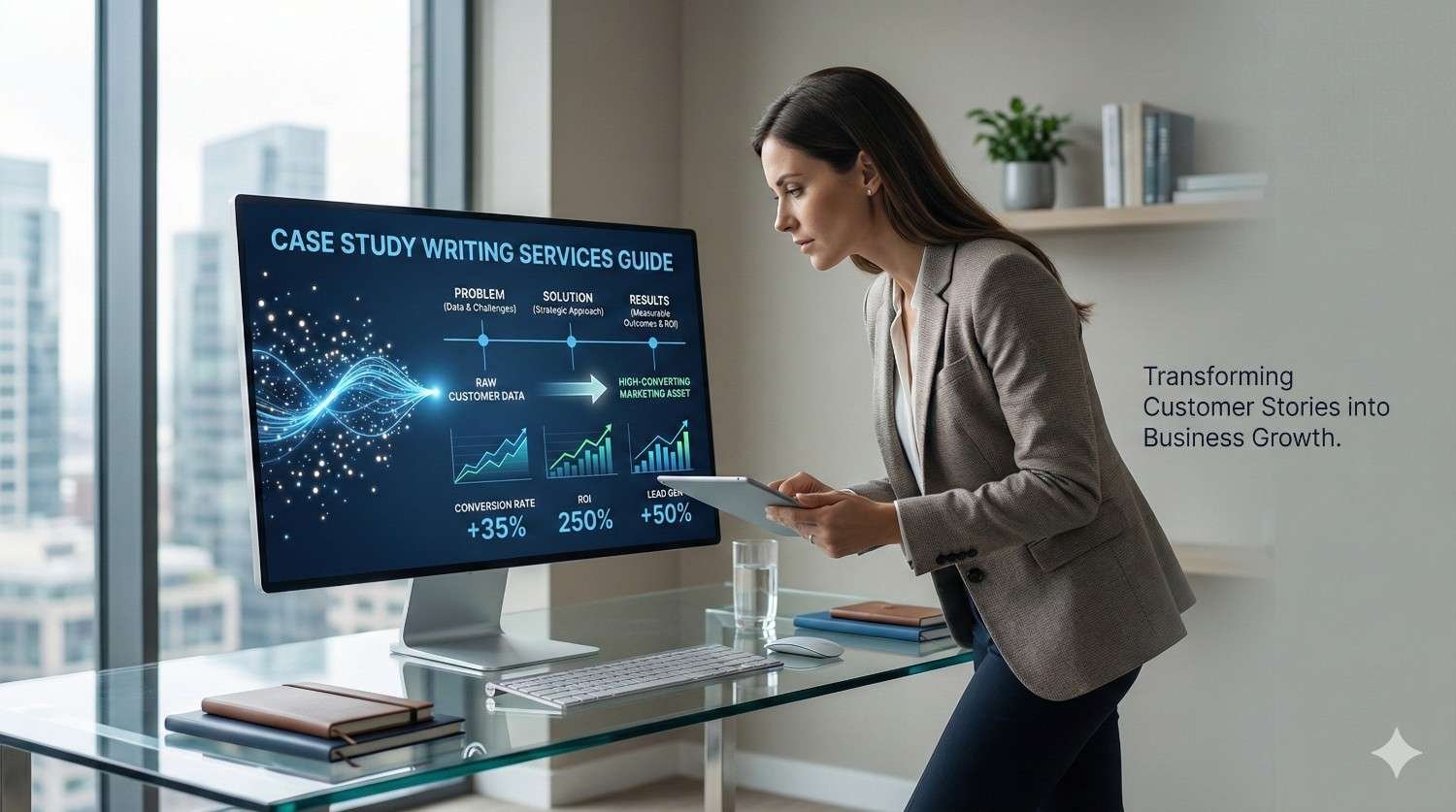A professional woman stands at a glass desk reviewing a monitor labeled “Case Study Writing Services Guide,” showing problem-solution-results charts and growth metrics, in a bright office with city views and the caption “Transforming Customer Stories into Business Growth.”