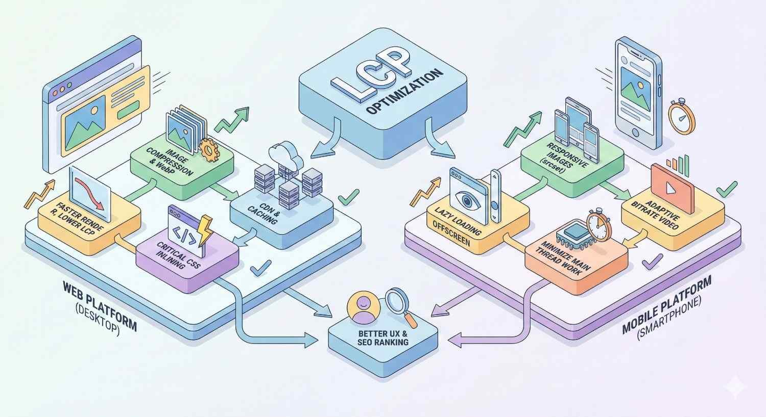 Illustration of LCP optimization across web and mobile platforms, showing image compression, CDN caching, critical CSS, lazy loading, responsive images, minimized main-thread work, and adaptive media, all leading to faster rendering, improved user experience, and higher SEO rankings.