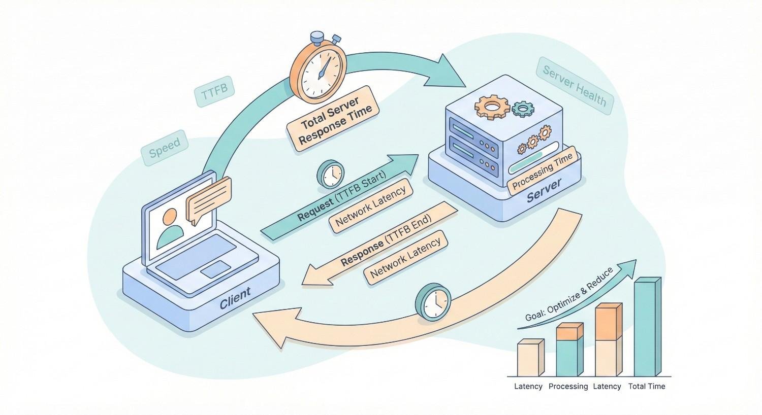 Infographic illustrating total server response time between client and server, highlighting TTFB, network latency, and processing time. Arrows show request and response flow, server health, and optimization goals to reduce latency, processing delays, and overall load time.