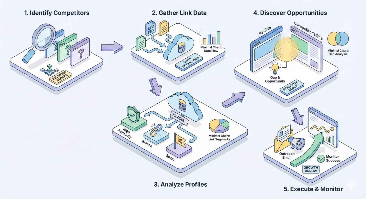 Infographic showing a five-step SEO workflow: identify competitors, gather link data, analyze profiles, discover opportunities, and execute and monitor. Includes icons for keyword gaps, data extraction, filters, gap analysis, outreach emails, and growth charts, connected by arrows in a clean, pastel-colored layout.