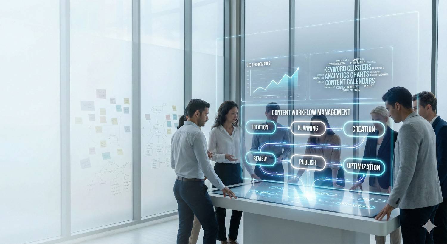 A group of professionals stand around a futuristic digital table in a glass-walled office, viewing holographic dashboards labeled “Content Workflow Management,” with stages like ideation, planning, creation, review, publish, and optimization, plus charts for SEO performance, analytics, and keyword clusters.