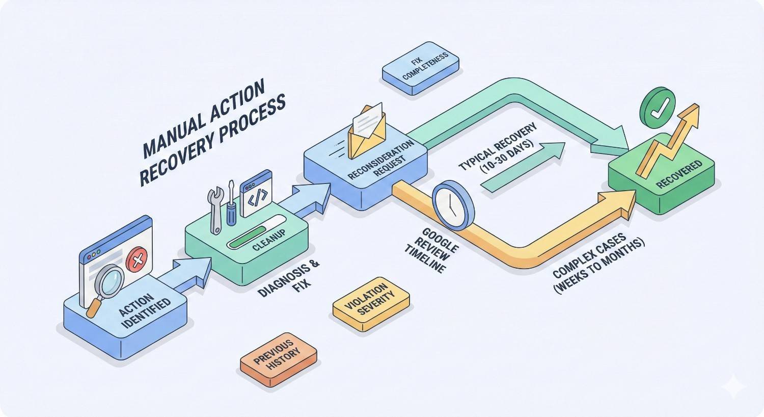 Infographic titled “Manual Action Recovery Process” showing steps from identifying penalties to diagnosis, cleanup, and reconsideration requests, followed by Google review timelines and recovery, with arrows indicating typical 10–30 day cases versus complex situations taking weeks or months