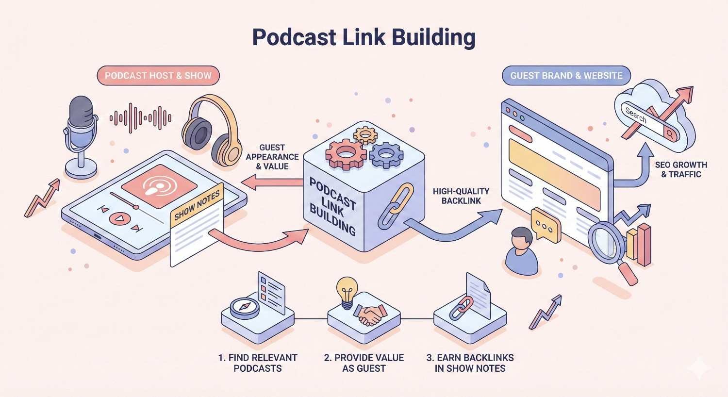 Infographic titled “Podcast Link Building” showing process: find relevant podcasts, provide value as a guest, and earn high-quality backlinks in show notes. Visuals connect podcast host and guest brand to SEO growth, traffic increase, and website authority through strategic guest appearances.