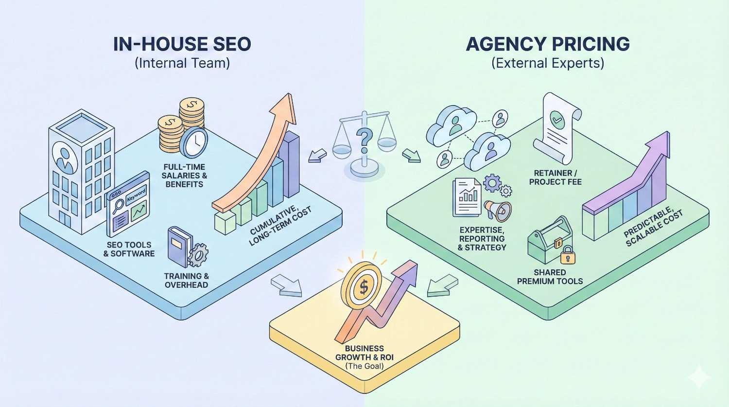 Isometric comparison of in-house SEO versus agency pricing. It contrasts internal salaries, tools, training, and long-term costs with agency retainers, shared expertise, scalable pricing, and predictable costs, both aiming to drive business growth and return on investment.