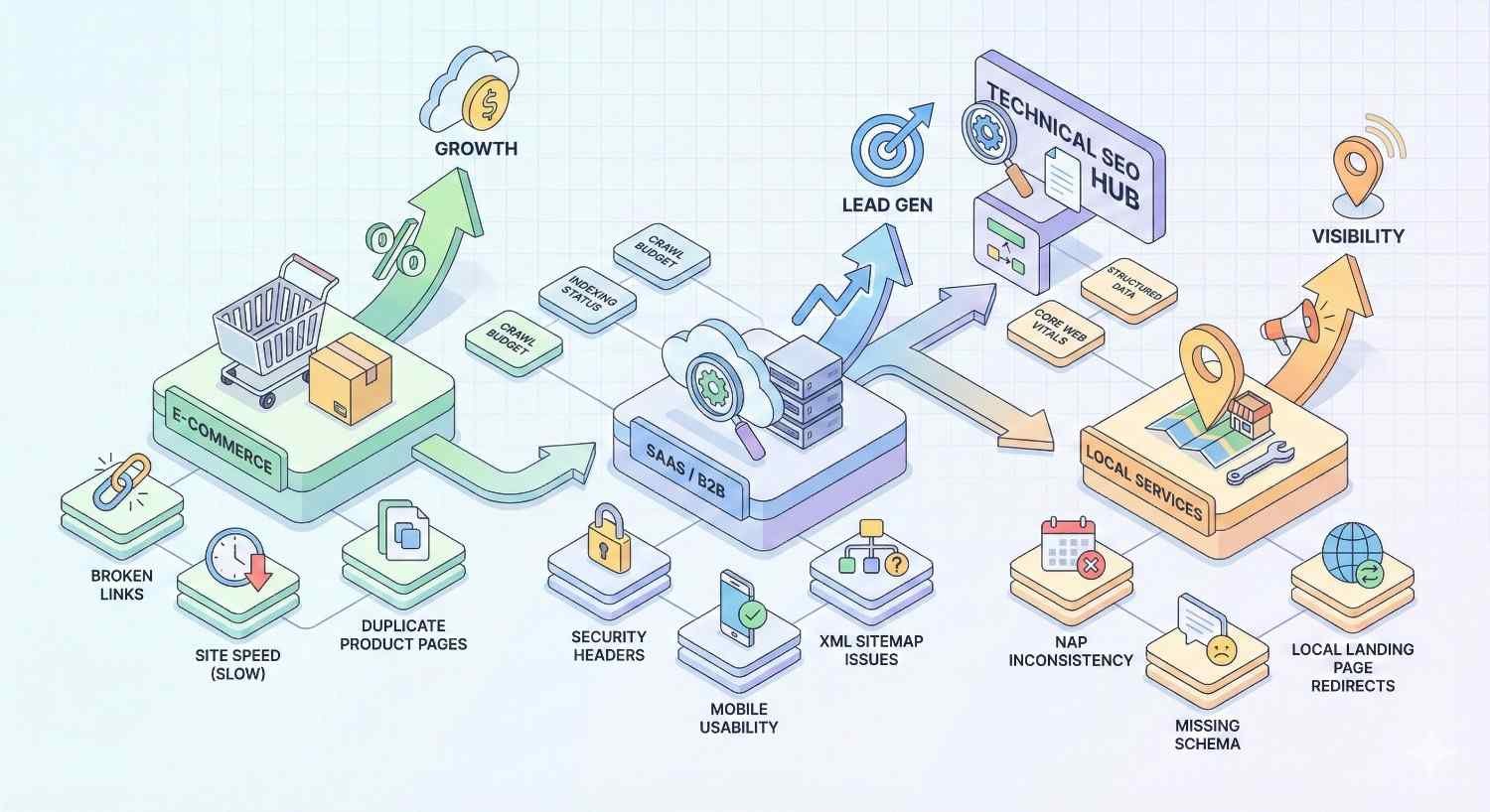Illustration of a technical SEO hub connecting e-commerce, SaaS/B2B, and local services, showing how fixes for issues like broken links, slow site speed, duplicate pages, security headers, mobile usability, XML sitemaps, and schema improve visibility, lead generation, and business growth.