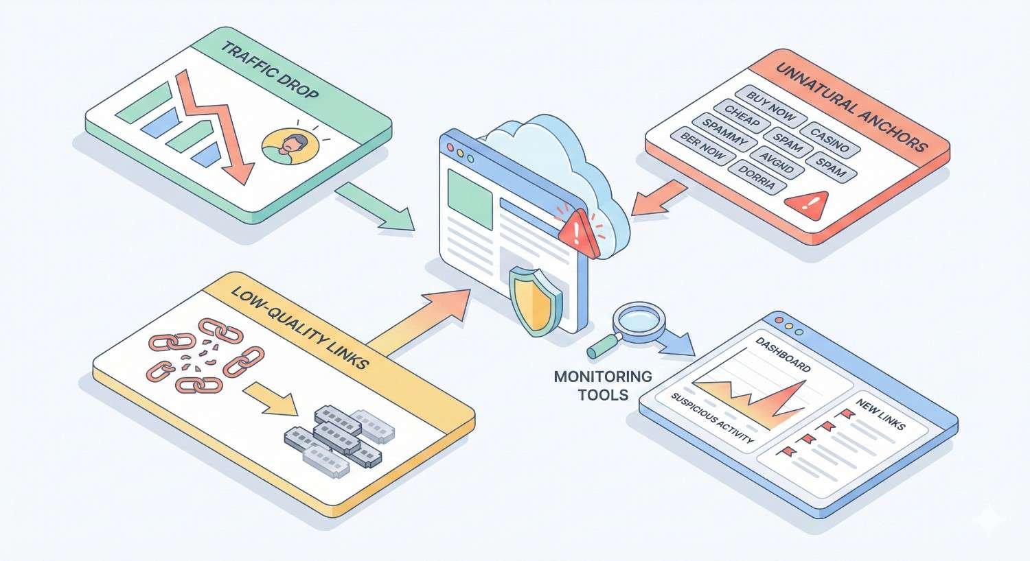 Infographic showing warning signs around a website: traffic drop, low-quality links, and unnatural anchor text pointing toward a central site, with monitoring tools and a dashboard detecting suspicious activity and new links for SEO protection.