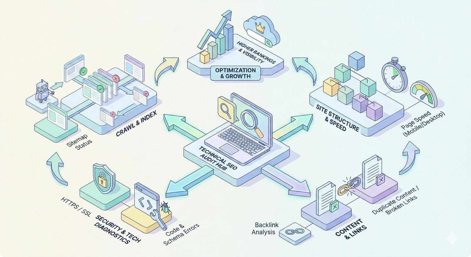 Illustration of a technical SEO audit hub connecting crawl and index status, site structure and speed, security diagnostics, content and links, and schema errors, all feeding into optimization and growth, higher rankings, and improved website visibility.