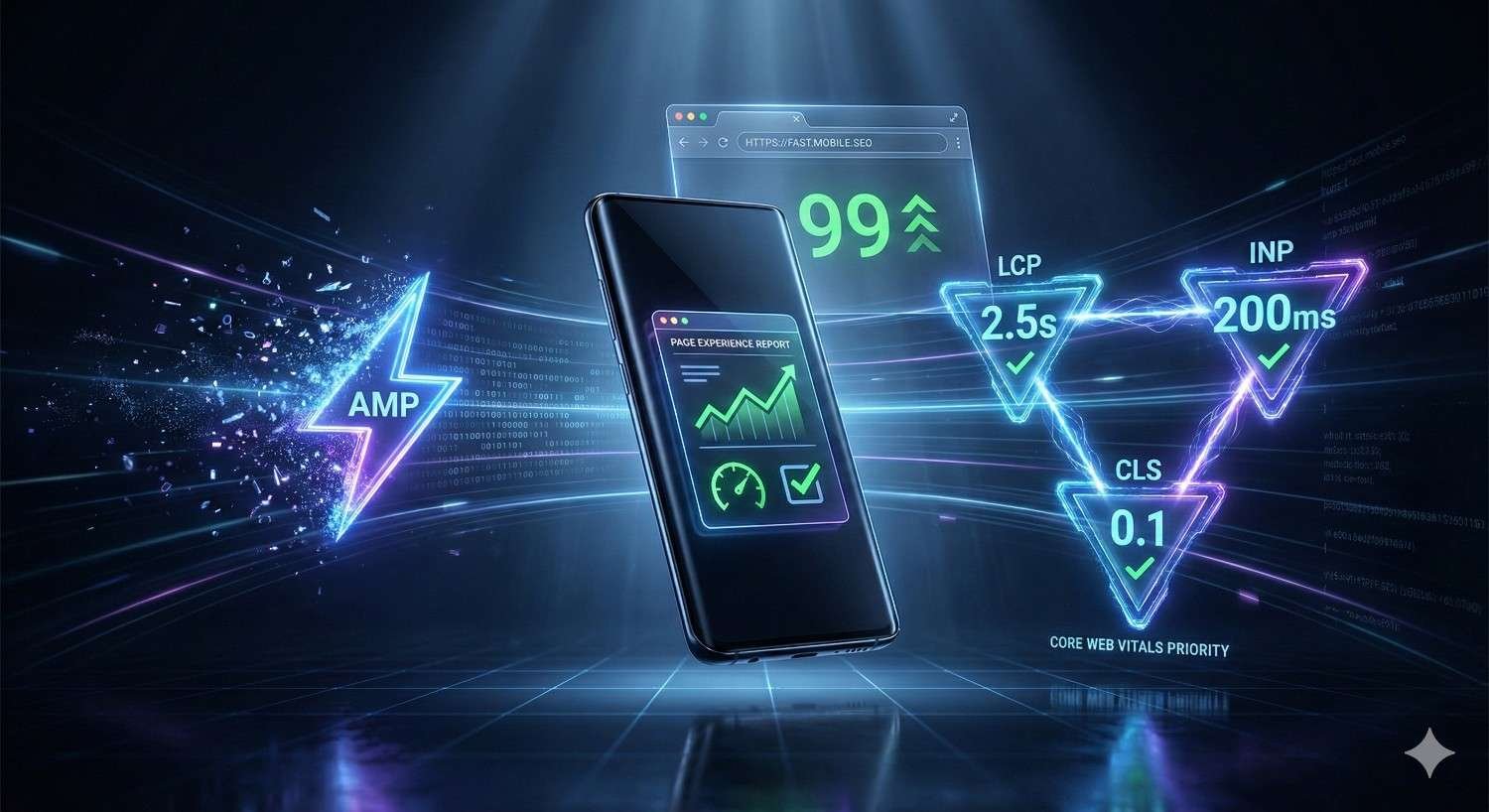 Futuristic illustration of a smartphone highlighting mobile SEO performance. Neon graphics display AMP, a 99 score, and Core Web Vitals metrics: LCP 2.5s, INP 200ms, and CLS 0.1. Glowing arrows and data streams emphasize speed, page experience, and optimized mobile performance.