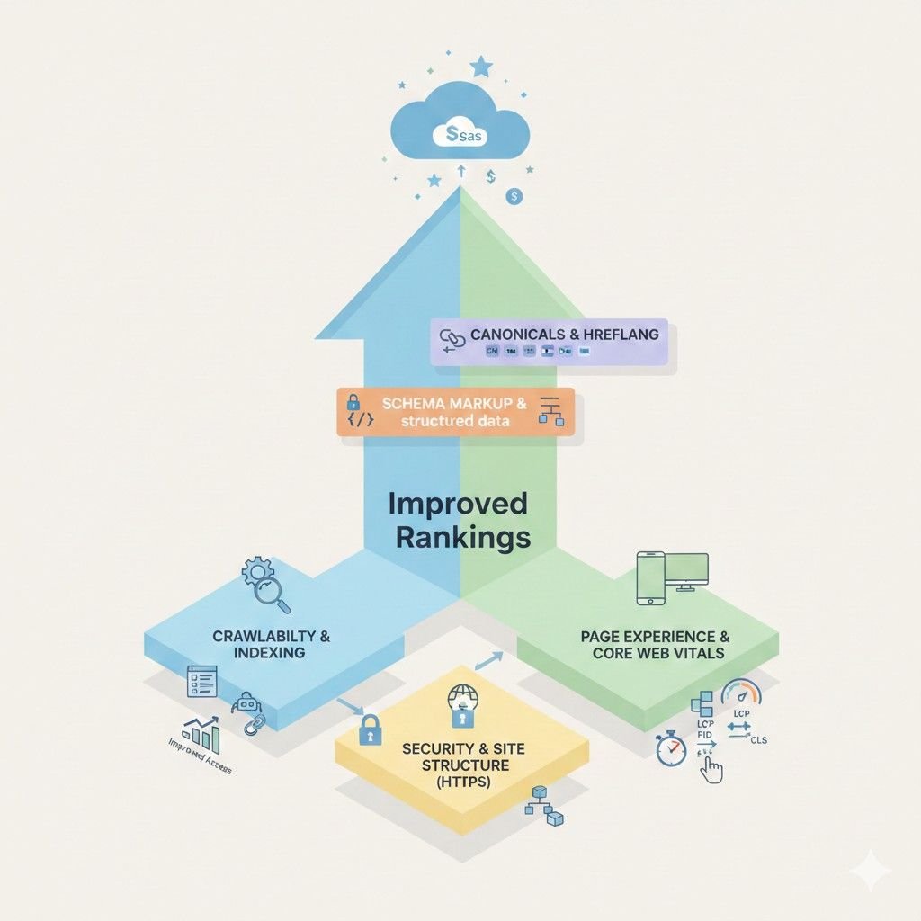 Diagram showing technical SEO pillars for SaaS, including crawlability and indexing, security and site structure, page experience and Core Web Vitals, schema markup, and canonicals with hreflang, all combining to drive improved search rankings and visibility.