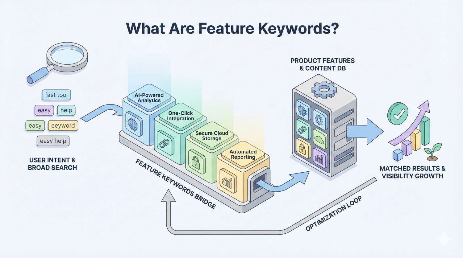An explanatory diagram showing feature keywords connecting user search intent to product features. Blocks highlight AI analytics, one-click integration, secure cloud storage, and automated reporting, feeding a product feature database and optimization loop that drives matched results and visibility growth.