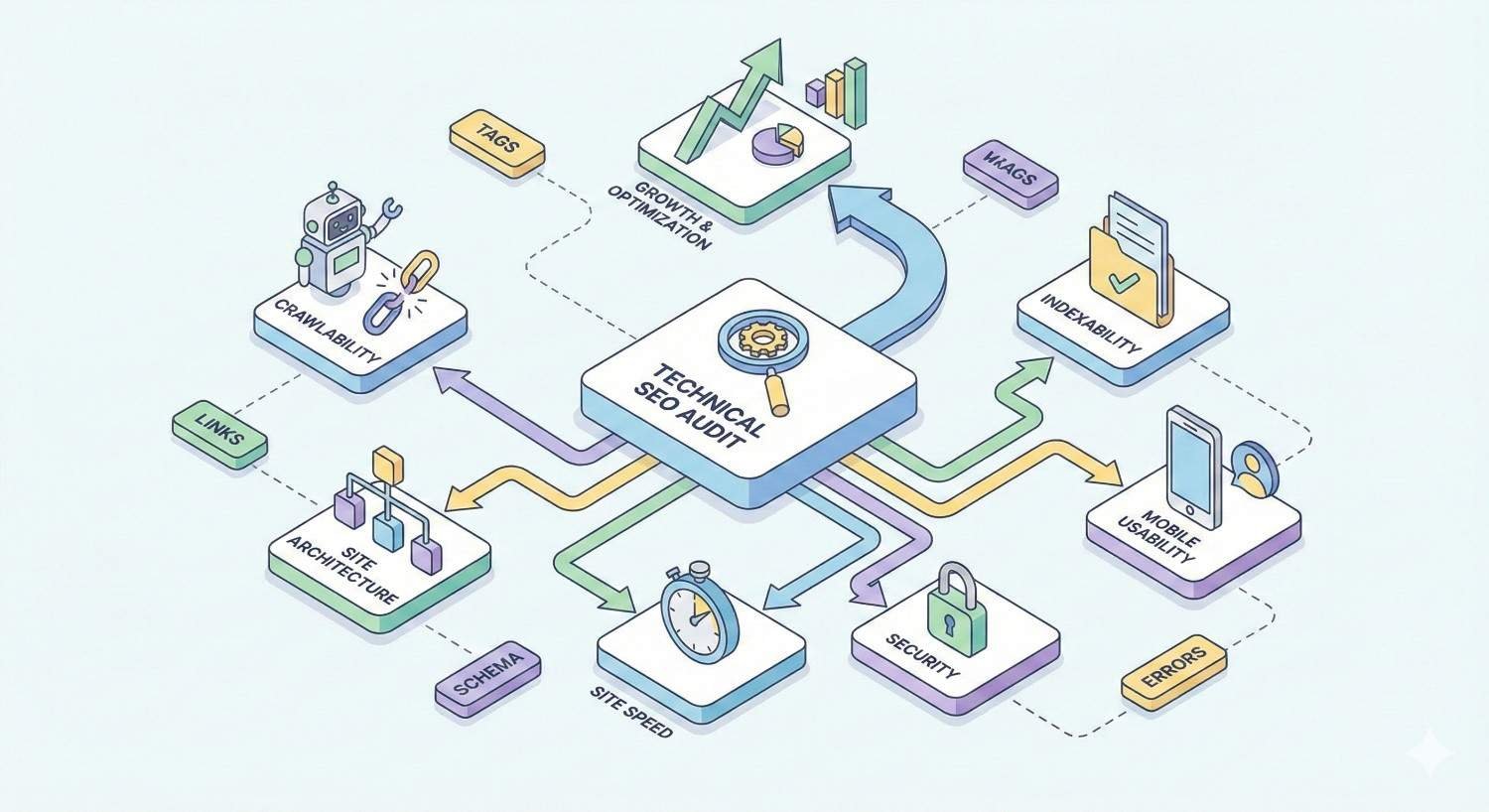 Illustration of a technical SEO audit hub with connected elements including crawlability, indexability, site architecture, links, tags, schema, site speed, security, mobile usability, and error fixes, all feeding into optimization, performance improvement, and sustained website growth.