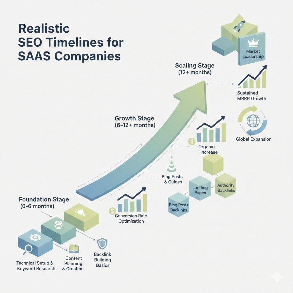 Isometric infographic showing realistic SEO timelines for SaaS companies, progressing from a foundation stage (0–6 months) through growth (6–12+ months) to scaling (12+ months), highlighting technical setup, content creation, backlink building, organic growth, global expansion, and sustained MRR growth.