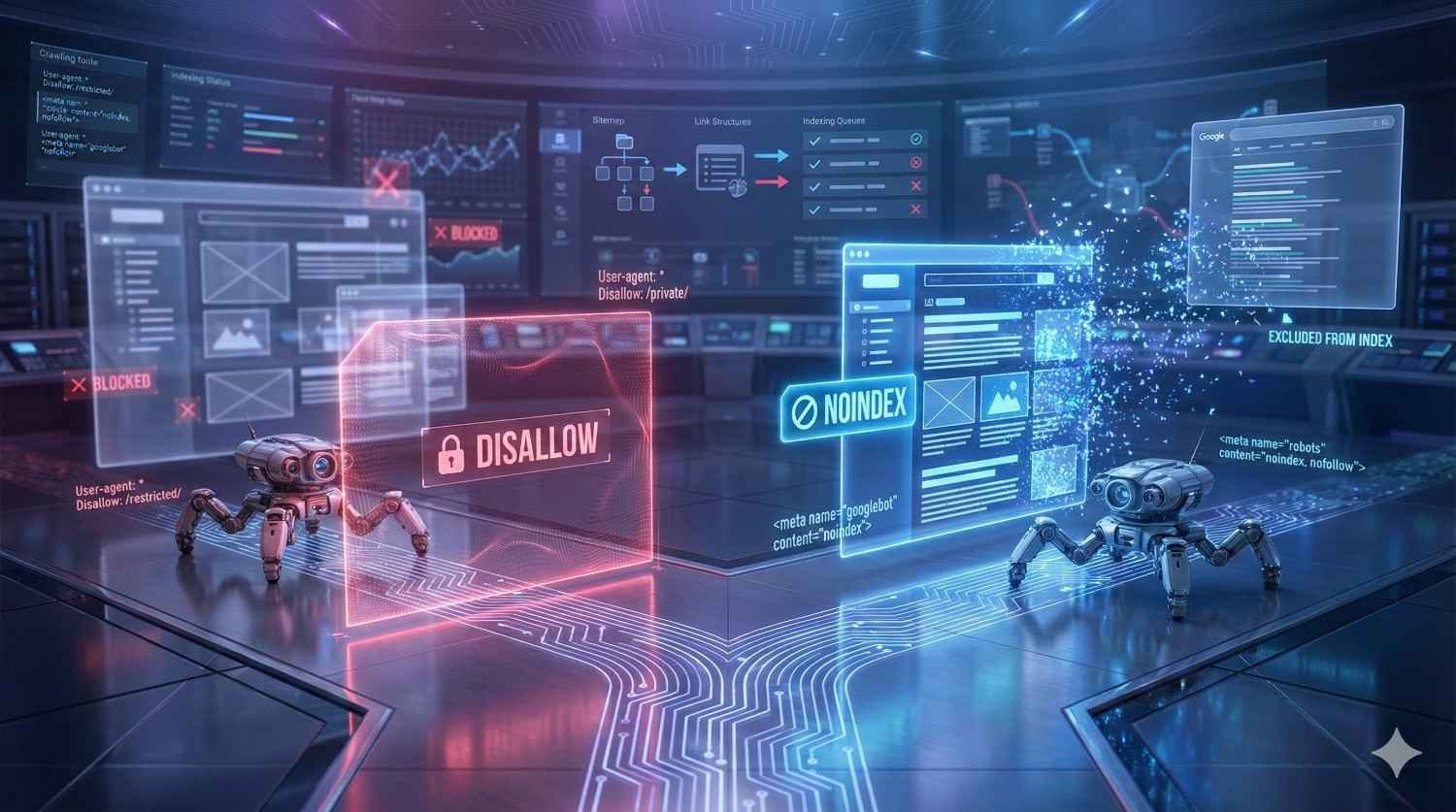 Futuristic visualization of search engine crawling and indexing, showing bots encountering robots.txt disallow rules and noindex tags, blocked and excluded pages, code snippets, and dashboards, illustrating how indexing directives prevent certain web pages from appearing in search results.