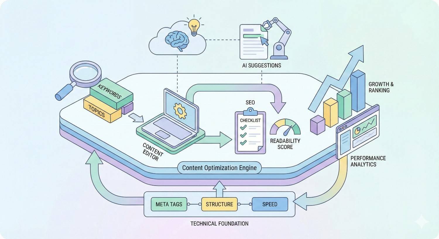 An illustrated SEO workflow shows keywords and topics entering a content editor and AI suggestions, passing through an optimization engine with SEO checklists and readability scores, supported by technical foundations like meta tags and speed, then leading to performance analytics, growth, and higher rankings.