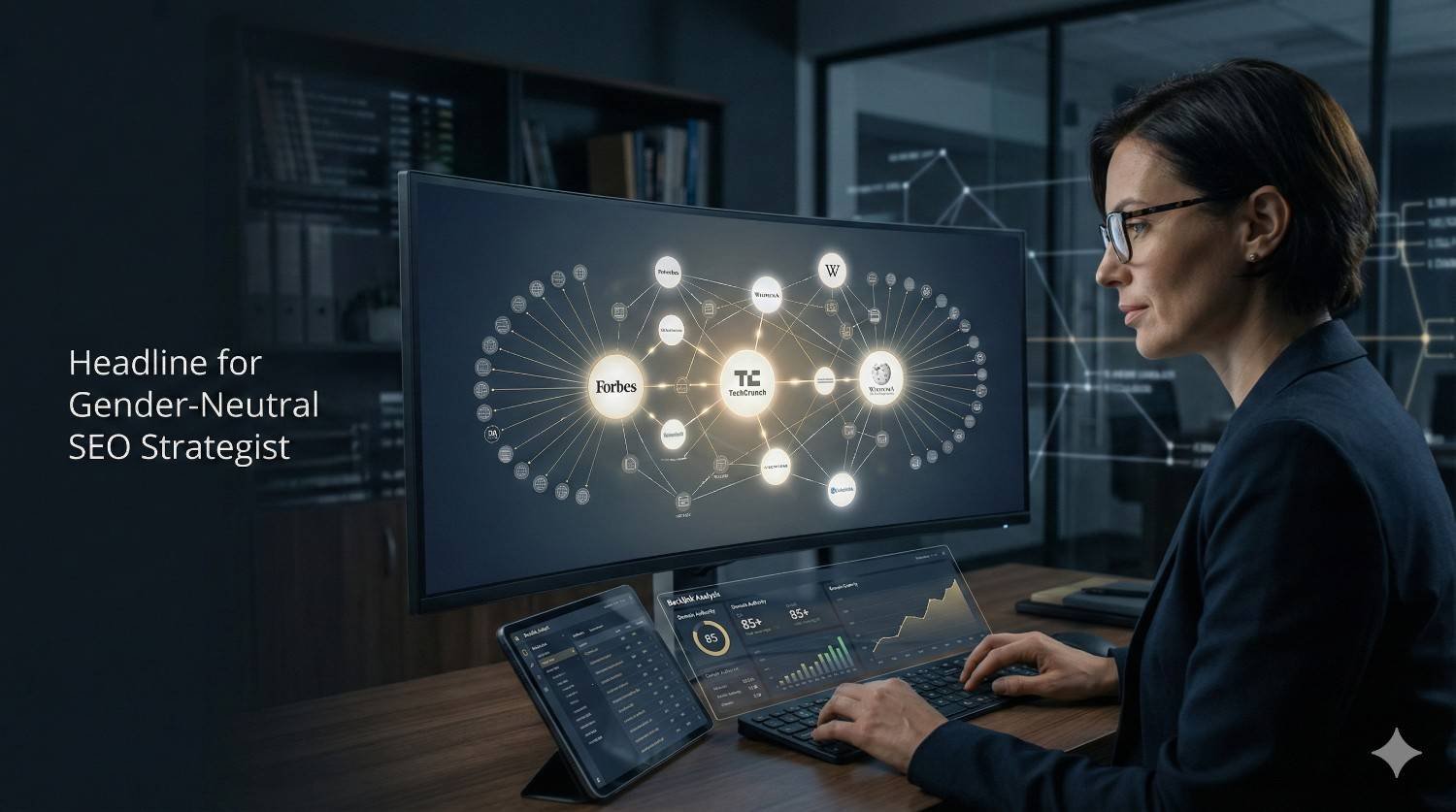 A professional works at a desk facing a large monitor showing a glowing backlink network with media logos and analytics dashboards, while text reads “Headline for Gender-Neutral SEO Strategist,” suggesting advanced link analysis and SEO strategy in a modern office.