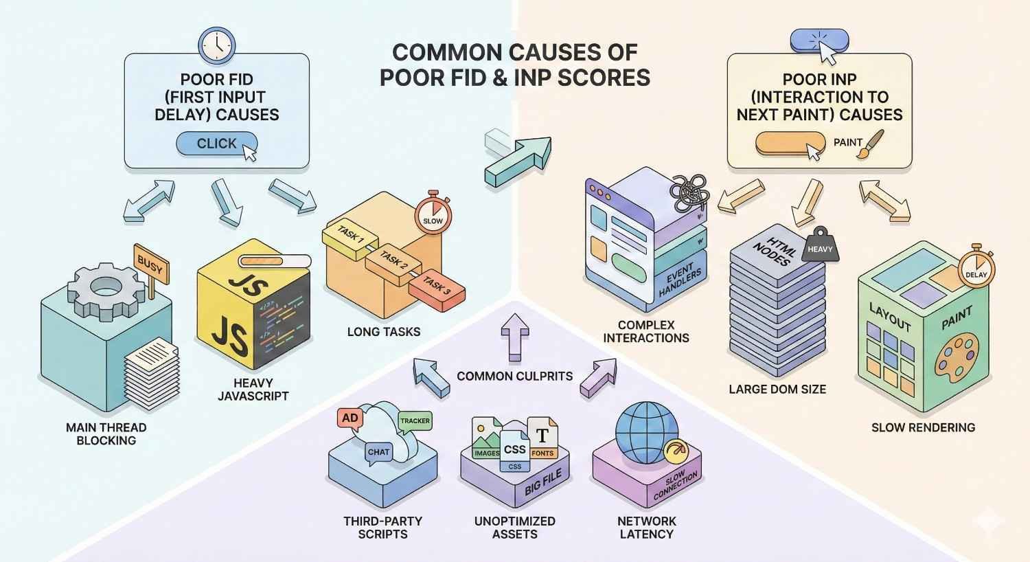 Infographic titled “Common Causes of Poor FID & INP Scores” showing main thread blocking, heavy JavaScript, long tasks, complex interactions, large DOM size, and slow rendering. Highlights common culprits like third-party scripts, unoptimized assets, and network latency affecting responsiveness and Core Web Vitals performance.