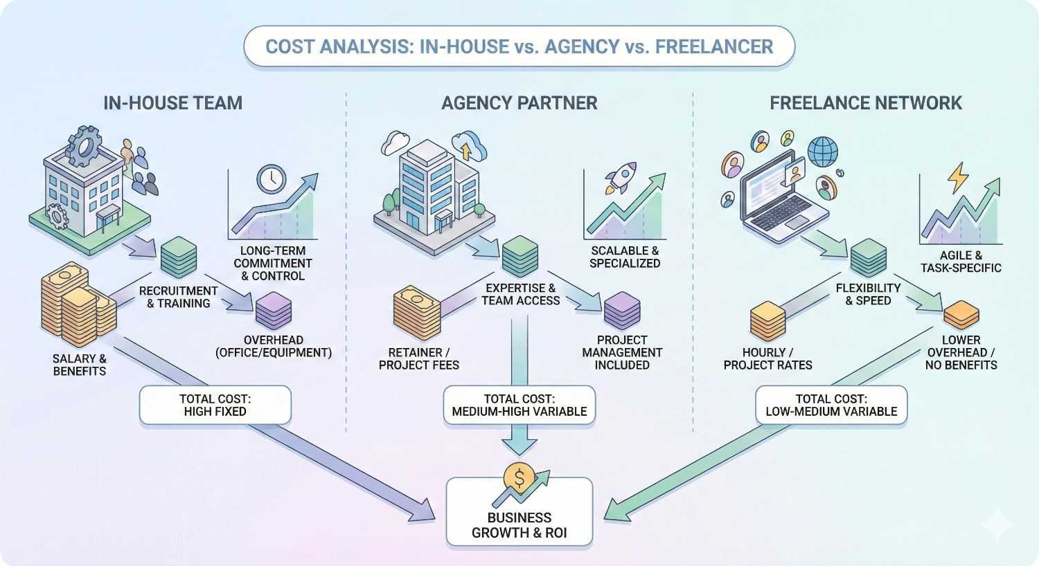 Infographic comparing link-building cost models: in-house team (high fixed costs, salaries, overhead), agency partner (retainer fees, scalable expertise), and freelance network (hourly rates, flexible, lower overhead). Arrows show impact on business growth and ROI.