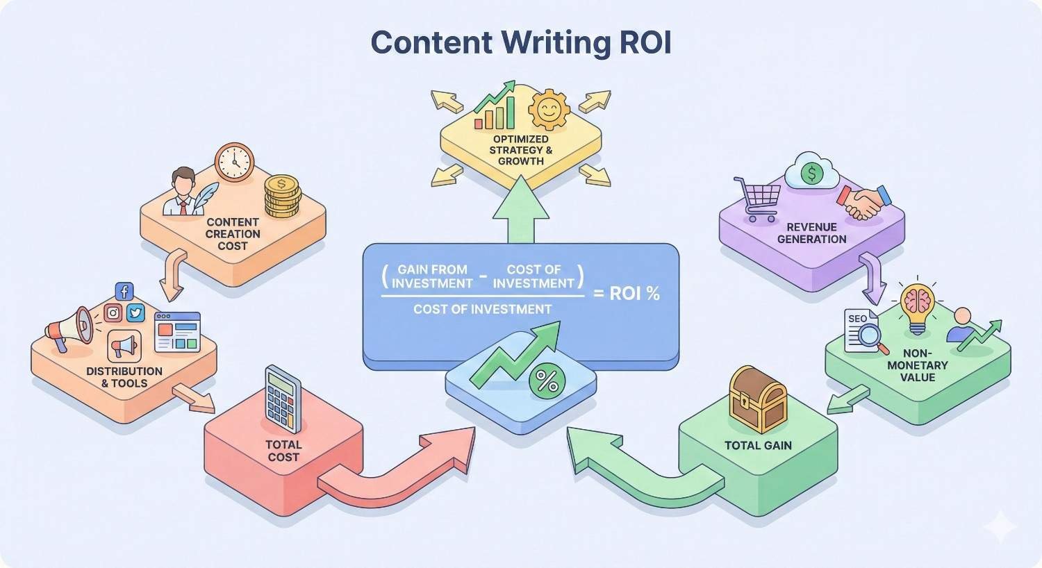 Infographic titled “Content Writing ROI” showing content creation and distribution costs forming total cost, gains from revenue and non-monetary value forming total gain, and a central ROI formula, with arrows leading to optimized strategy and growth.