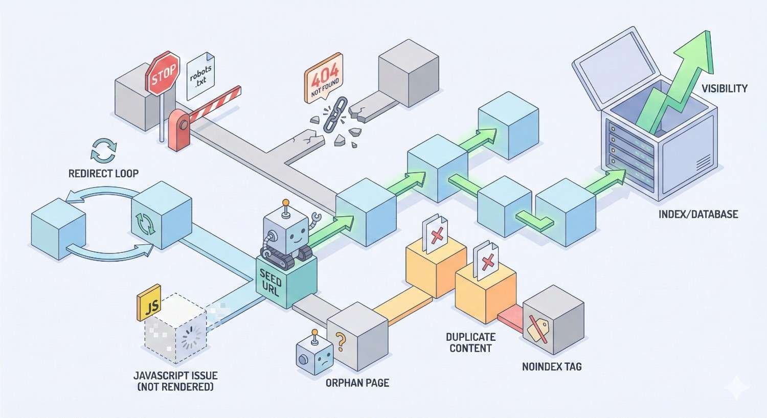 Diagram showing how crawl and index issues affect visibility, including robots.txt blocks, redirect loops, 404 errors, JavaScript rendering problems, orphan pages, duplicate content, and noindex tags, contrasted with clean crawl paths that lead from seed URLs to indexed pages and improved search visibility.