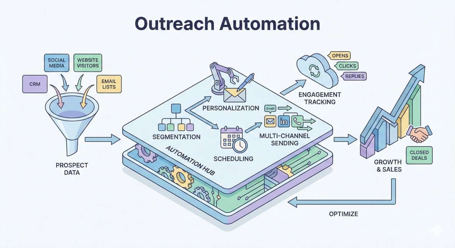 Infographic titled “Outreach Automation” showing prospect data from CRM, social media, and email lists flowing into an automation hub for segmentation, personalization, scheduling, and multichannel sending, followed by engagement tracking, optimization loops, and growth in sales with closed deals.
