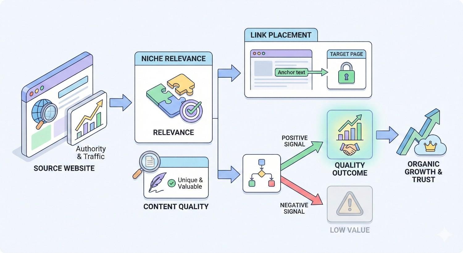 Infographic illustrating link quality factors: source website authority and traffic, niche relevance, and unique content quality leading to proper link placement with anchor text. Positive signals produce quality outcomes and organic growth, while negative signals result in low-value links.