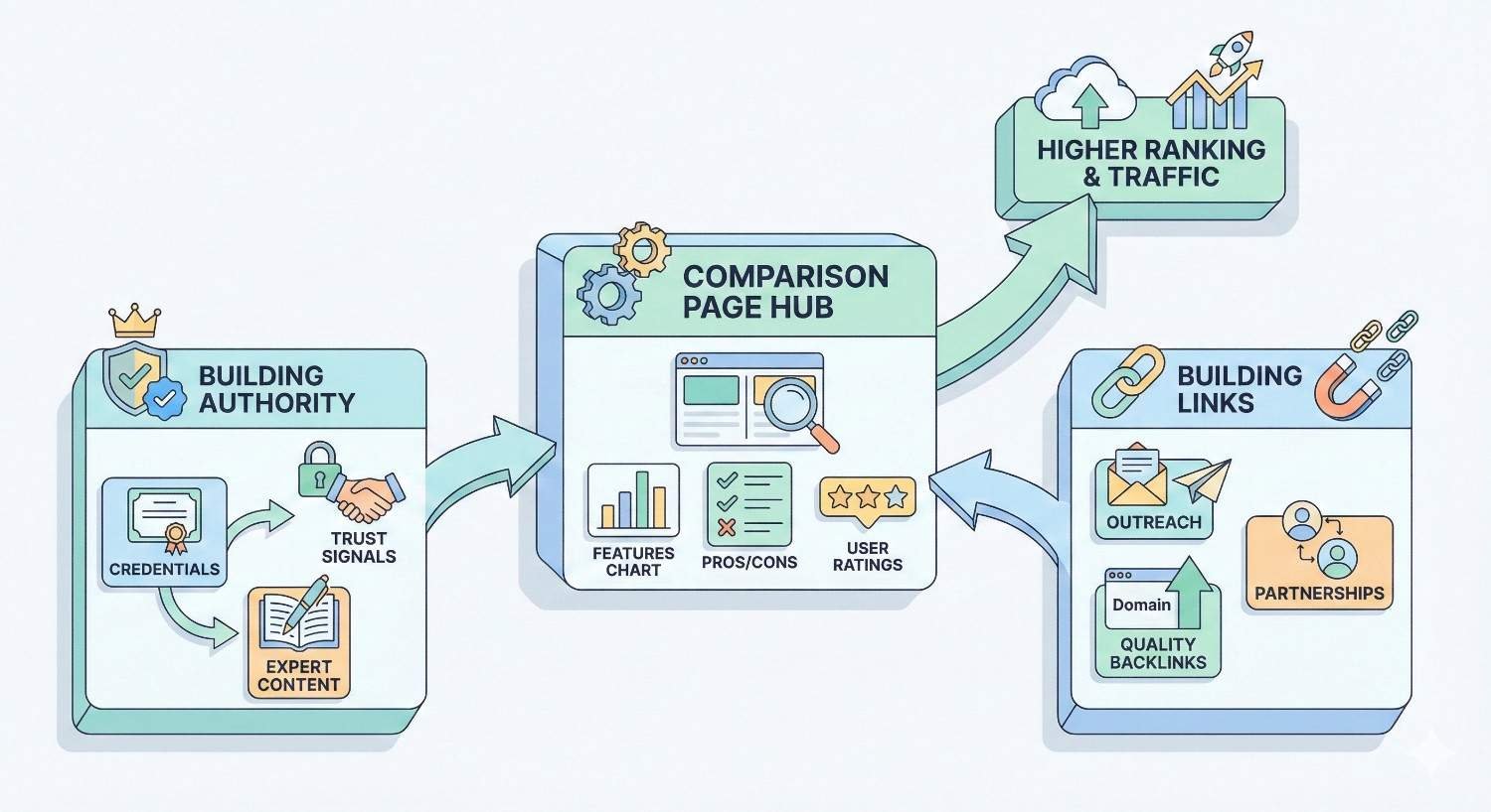 An isometric diagram showing a comparison page hub driving higher rankings and traffic. It connects building authority through expert content and trust signals with link building via outreach and partnerships, plus features charts, pros and cons, and user ratings supporting SEO growth.