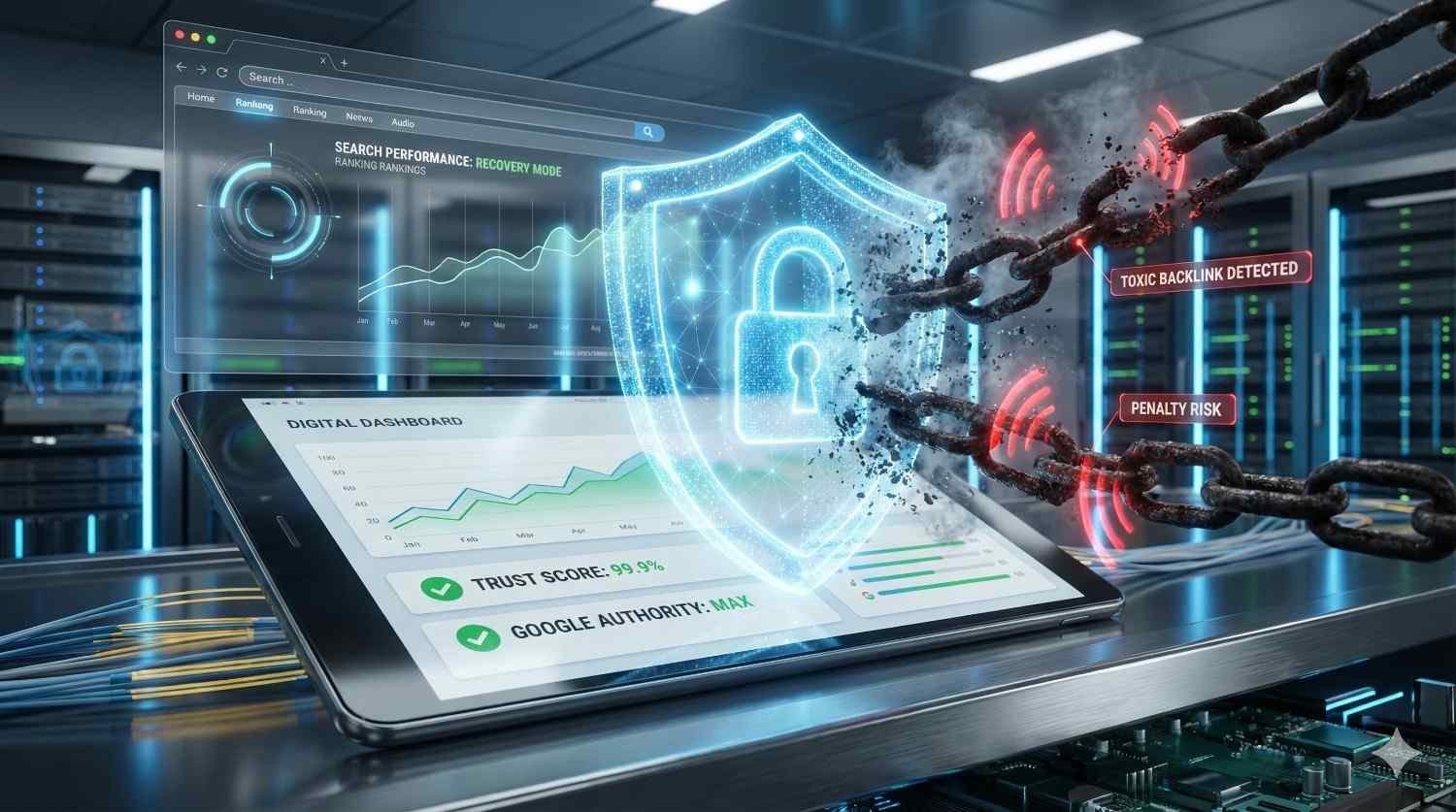 Futuristic server-room scene showing an SEO dashboard with rising graphs and trust scores, protected by a glowing digital shield blocking breaking chains labeled toxic backlinks and penalty risk, symbolizing website security, recovery mode, and defense against negative SEO attacks.